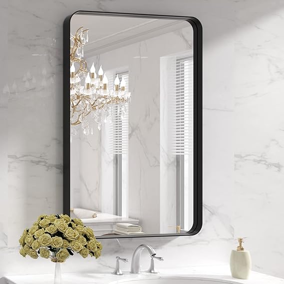 Black Round Corner Metal Frame Mirror – Adjustable Shelves – Surface or Recessed Mount - Hyperdealss