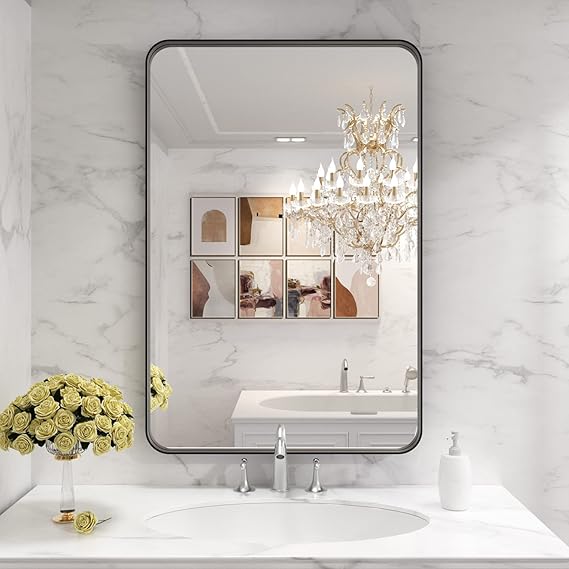 Black Round Corner Metal Frame Mirror – Adjustable Shelves – Surface or Recessed Mount - Hyperdealss