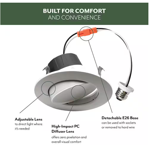 4-Inch Gimbal LED Downlight, 8W, 700 Lumens, 5CCT, 90+ CRI, Dimmable, Wet Rated - Hyperdealss