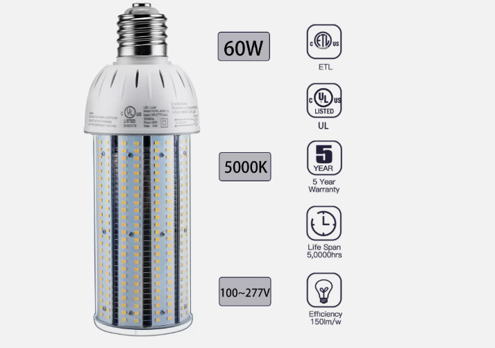 LED Corn Bulb, 60W, 6600 lumens, 5000K Daylight, E39 Mogul Base, 100-277 VAC - Hyperdealss