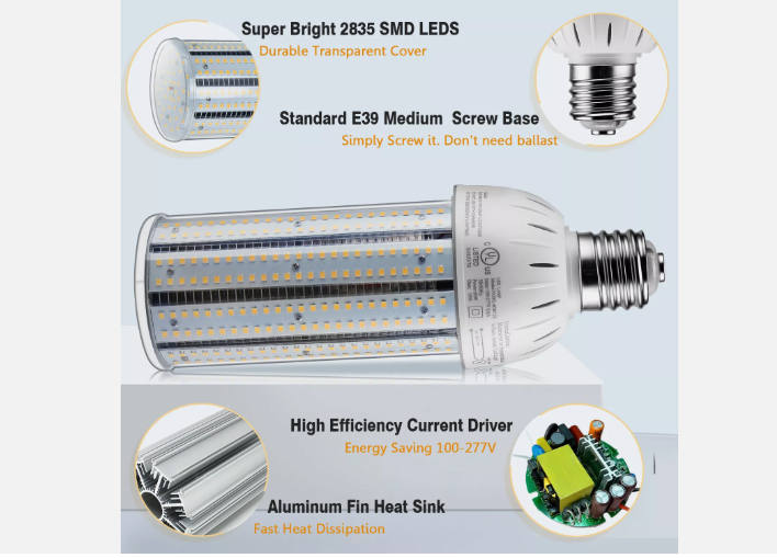 LED Corn Bulb, 60W, 6600 lumens, 5000K Daylight, E39 Mogul Base, 100-277 VAC - Hyperdealss