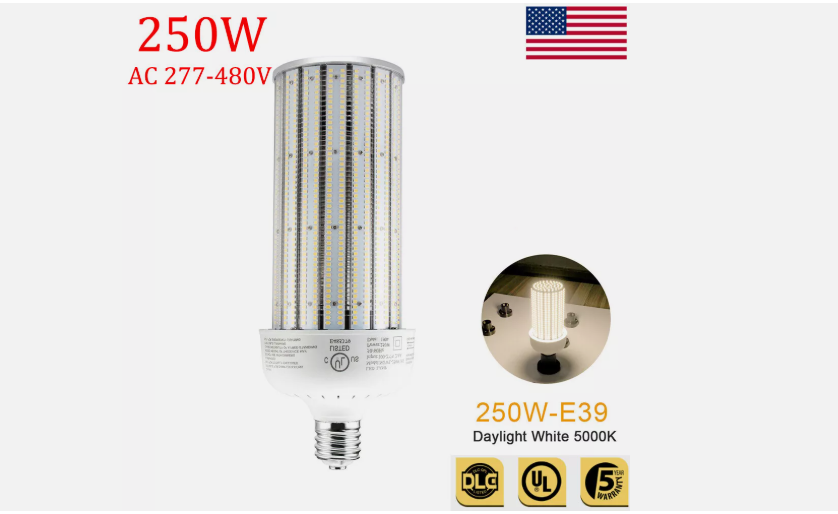 LED Corn Bulb, 250W, 37,500 lumens, 5000K, E39 Mogul Base, 277-480 VAC - Hyperdealss