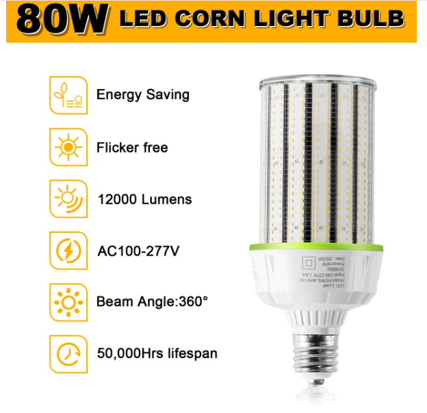 LED Corn Bulb, 80W, 11,200 lumens, 5000K, E26/E39 Base, 100-277 VAC - Hyperdealss