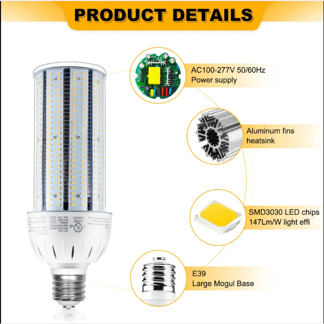 LED Corn Bulb, 54W, 250W HID Replacement, 7600 Lumens, 5000K Daylight, E39 Base, 100-277 VAC - Hyperdealss