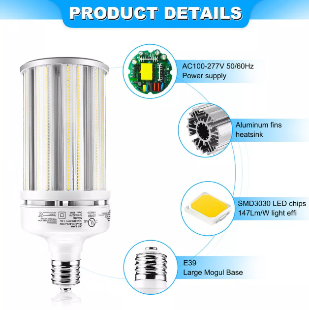 LED Corn Bulb, 125W, 400W HID Replacement, 17,500 Lumens, 5000K Daylight, E39 Base, 100-277 VAC - Hyperdealss