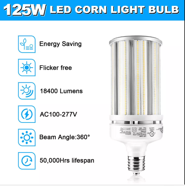 LED Corn Bulb, 125W, 400W HID Replacement, 17,500 Lumens, 5000K Daylight, E39 Base, 100-277 VAC - Hyperdealss