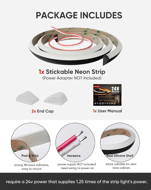24V Anti-Glare Bright Cozy Under Cabinet LED Strip Free Cut 6000K Cool White - Black Shell - Hyperdealss