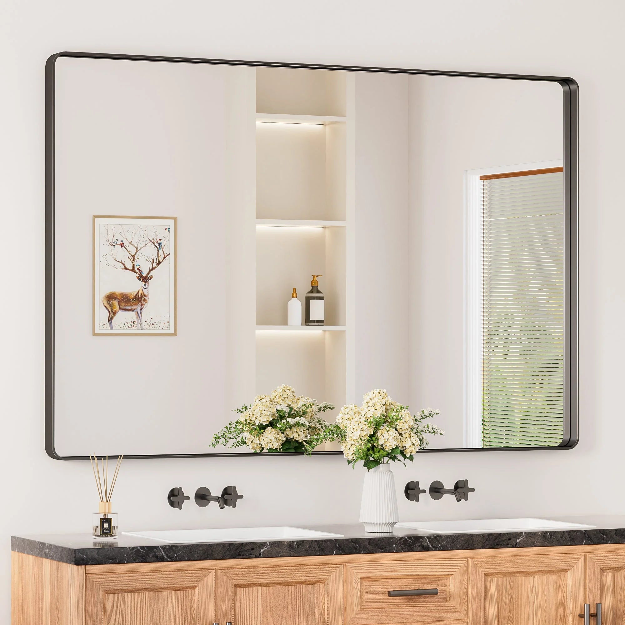 Black Hard Corner Thin Frame Metal Mirror – Modern Minimalist Wall-Mounted Bathroom - Bedroom - and Entryway Mirror - Hyperdealss