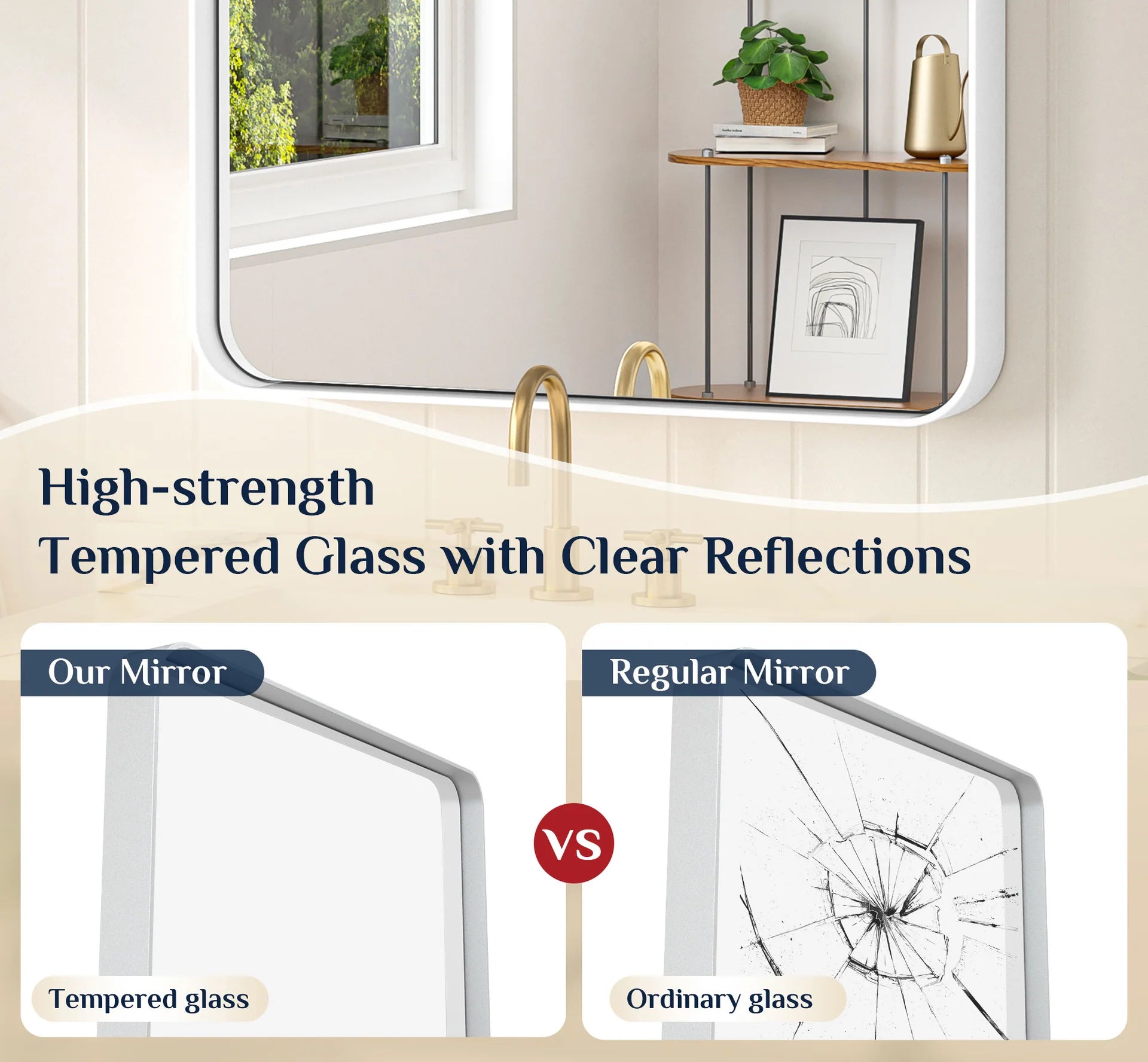 White Hard Corner Thin Frame Metal Mirror – Modern Rectangular Wall-Mounted Mirror with Shatterproof Copper-Free Glass - Hyperdealss