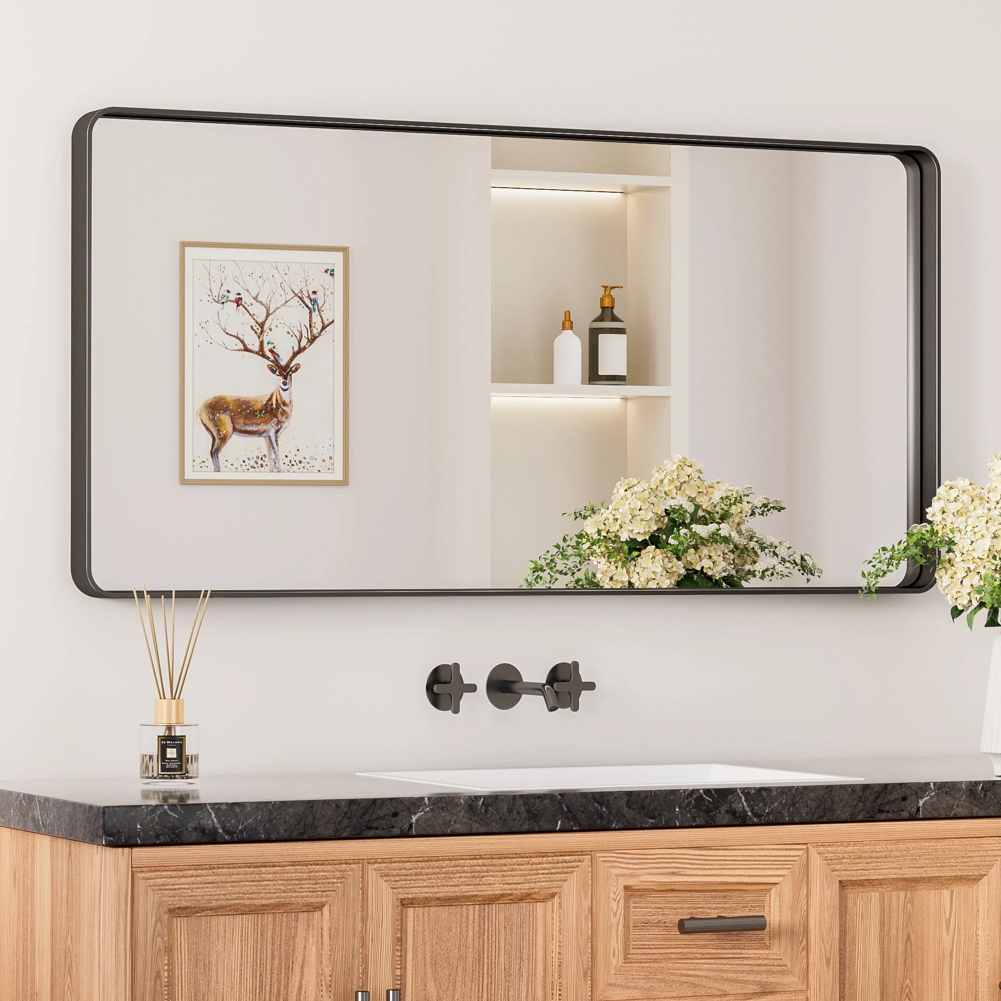 Black Hard Corner Thin Frame Metal Mirror – Modern Rectangular Wall-Mounted Mirror - Hyperdealss