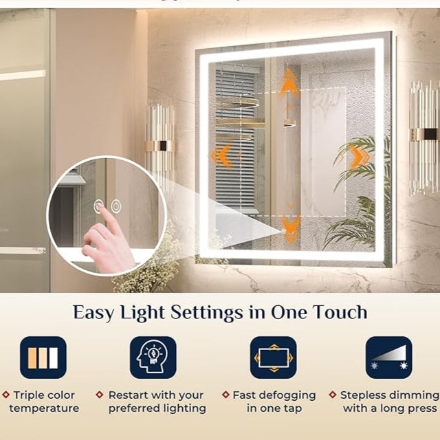 LED Bathroom Mirror with Front and Back Lighting – Single Light Strip - Dimmable - Anti-Fog - Wall Mounted Vanity Mirror - Hyperdealss