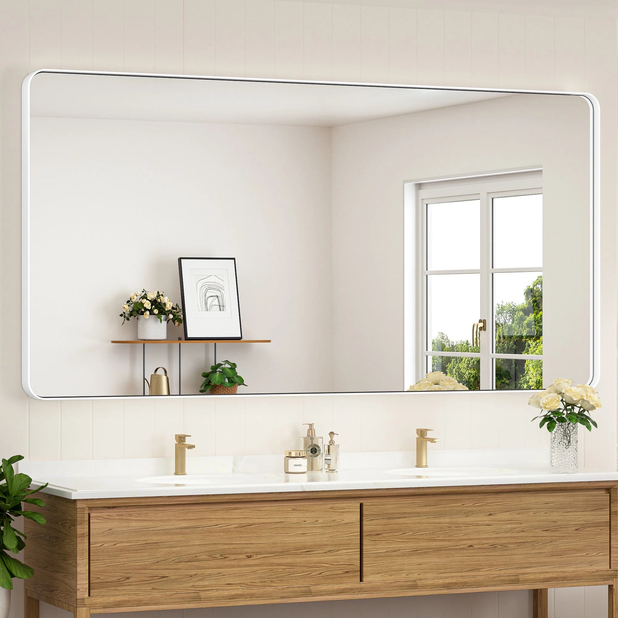 White Hard Corner Thin Frame Metal Mirror – Modern Wall-Mounted Bathroom - Bedroom - and Entryway Mirror - Hyperdealss