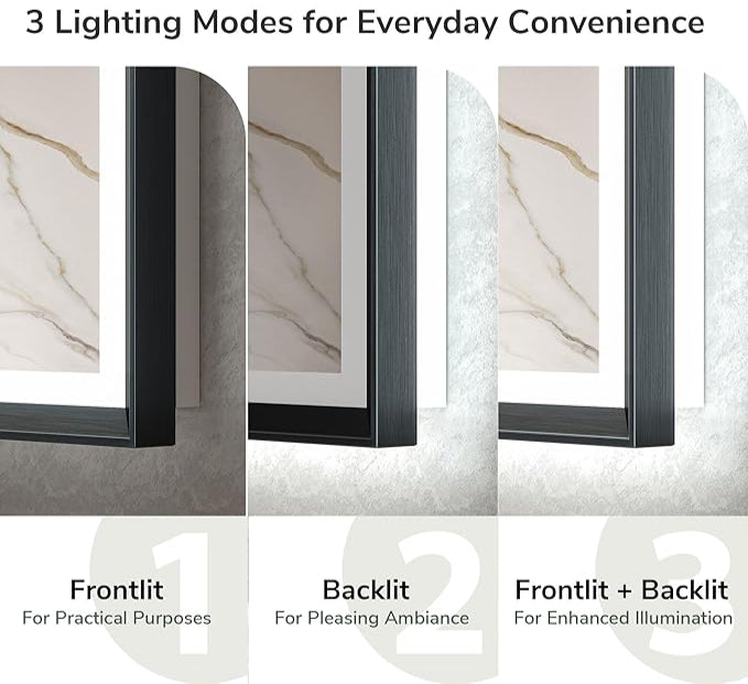 40x30 Black Frontlit LED Bathroom Mirror with 3 CCT – Dimmable - Anti-Fog - Metal Frame - Hyperdealss