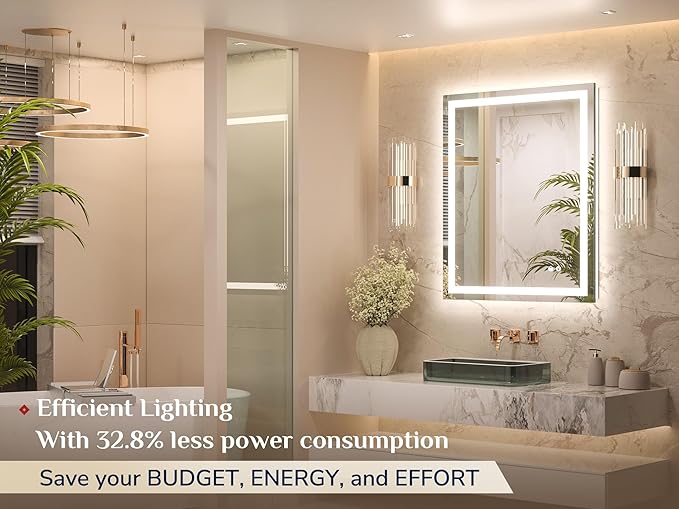LED Bathroom Mirror with Front and Back Lighting – Single Light Strip - Dimmable - Anti-Fog - Wall Mounted Vanity Mirror - Hyperdealss