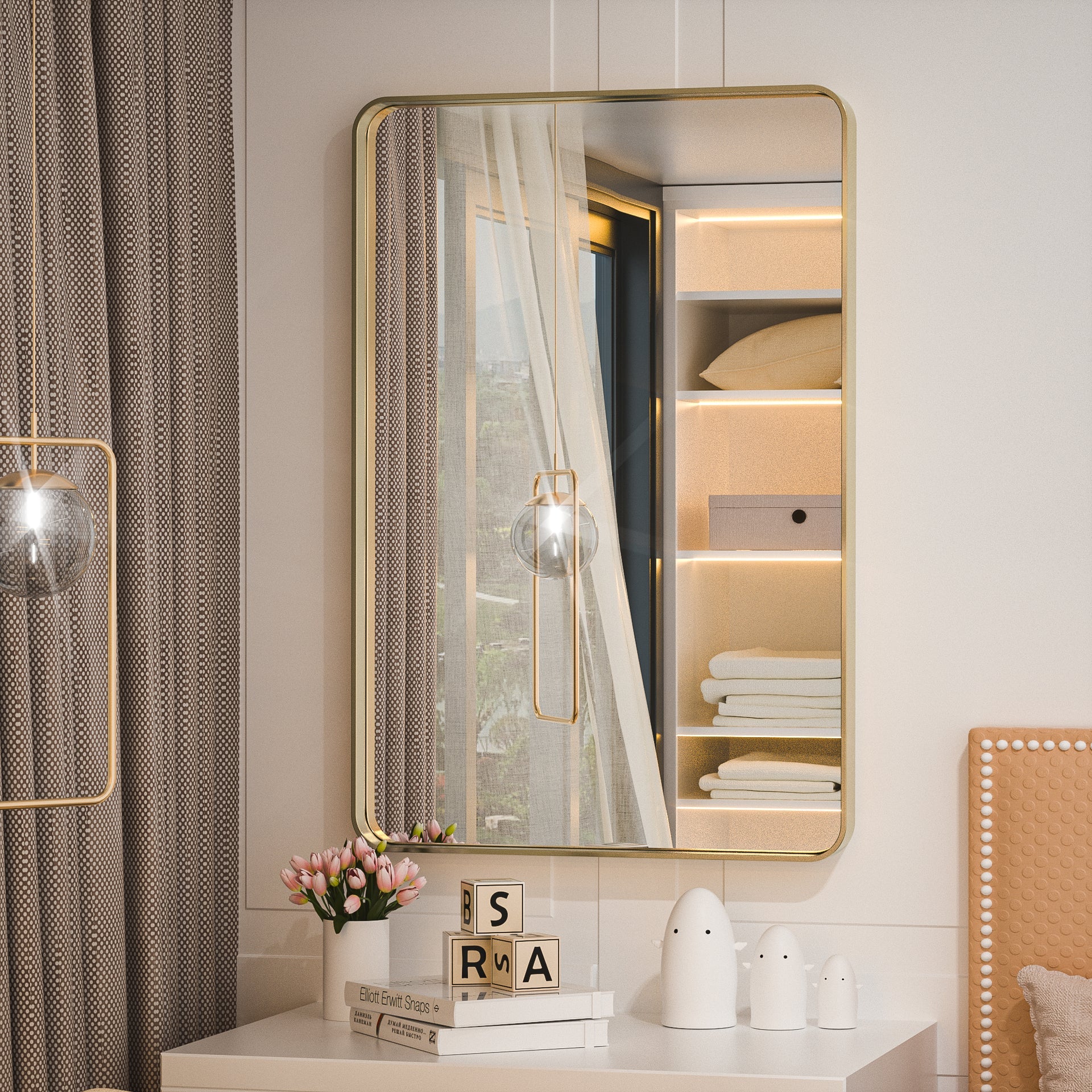 Gold Round Corner Metal Frame Mirror – Rectangular Wall Mirror with Shatterproof Glass - Vertical or Horizontal Mount – Modern Luxury Accent - Hyperdealss