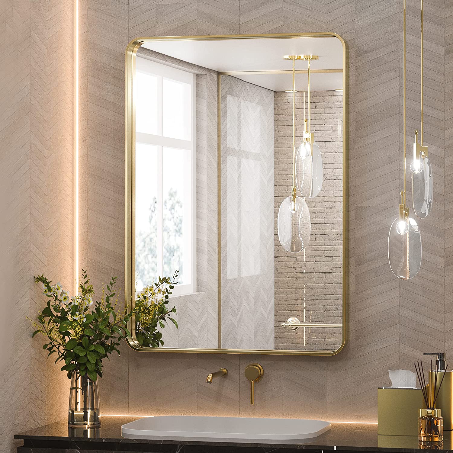 Gold Round Corner Metal Frame Mirror – Rectangular Wall Mirror with Shatterproof Glass - Vertical or Horizontal Mount – Modern Luxury Accent - Hyperdealss