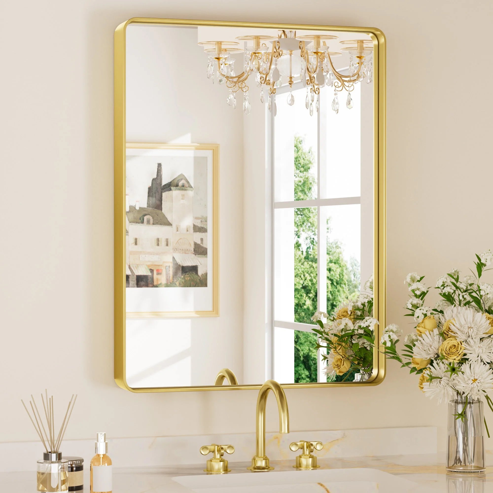 Gold Hard Corner Thin Frame Metal Mirror – Modern Wall-Mounted Bathroom - Bedroom - and Entryway Mirror - Hyperdealss