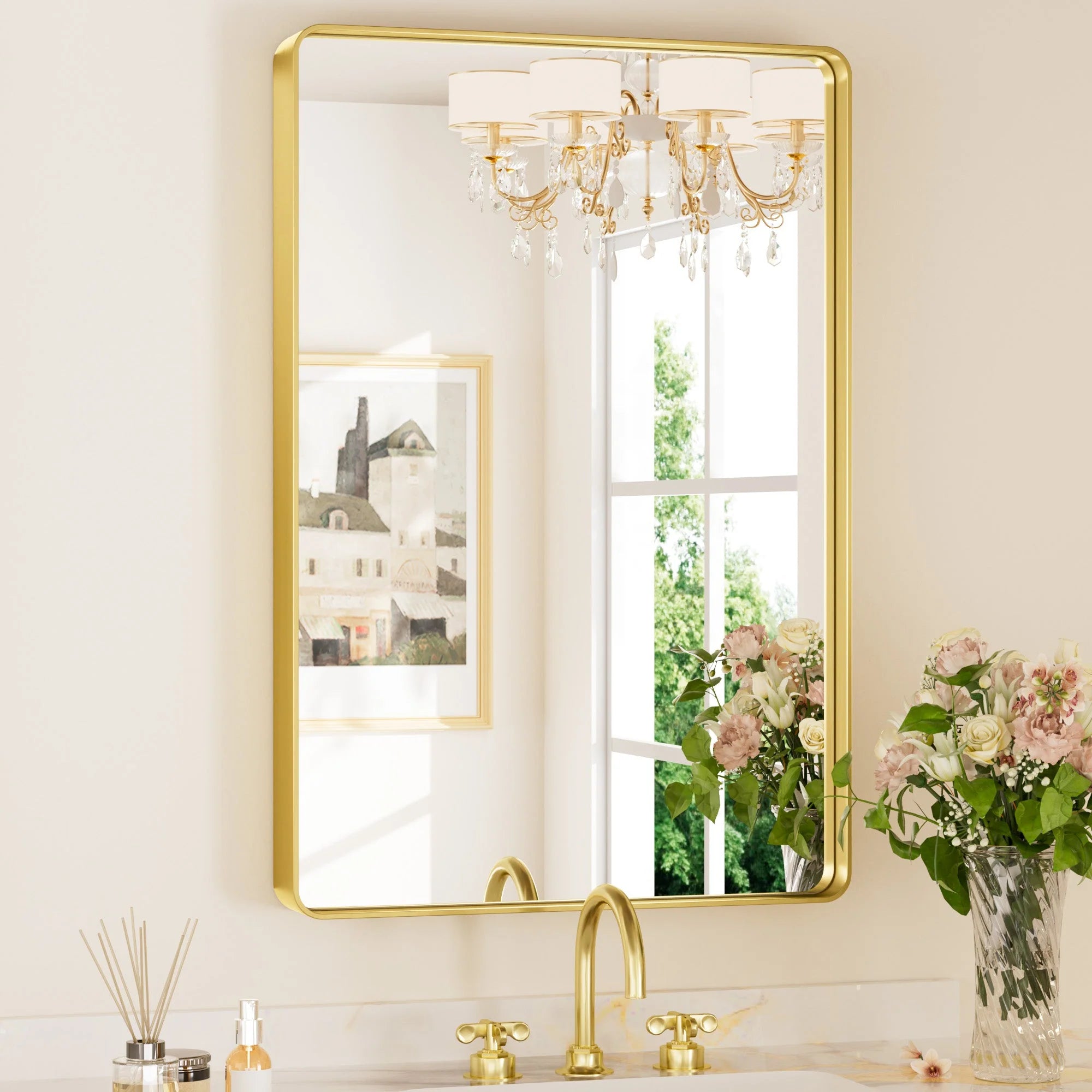 Gold Hard Corner Thin Frame Metal Mirror – Modern Wall-Mounted Bathroom - Bedroom - and Entryway Mirror - Hyperdealss