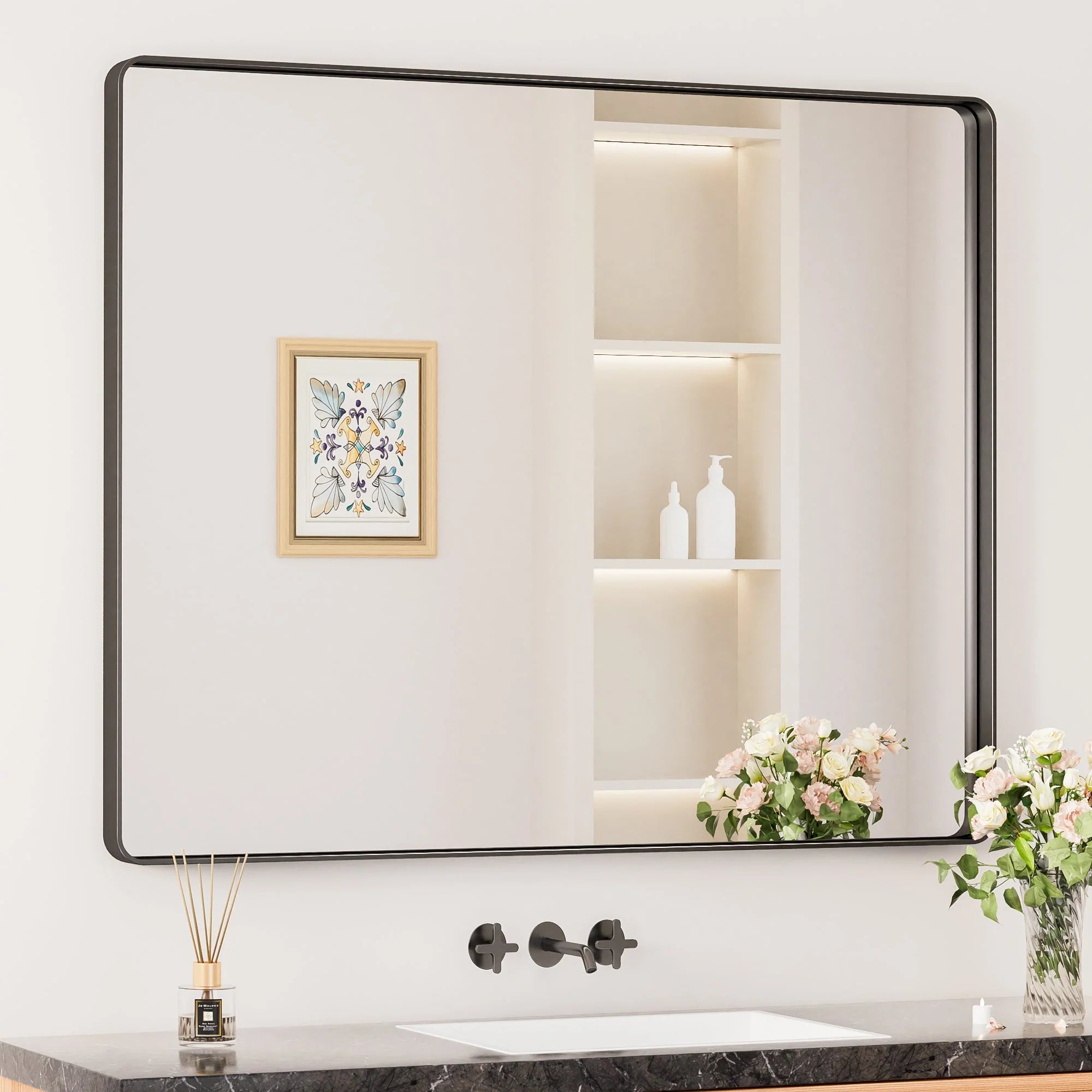 Black Hard Corner Thin Frame Metal Mirror – Modern Minimalist Wall-Mounted Bathroom - Bedroom - and Entryway Mirror - Hyperdealss