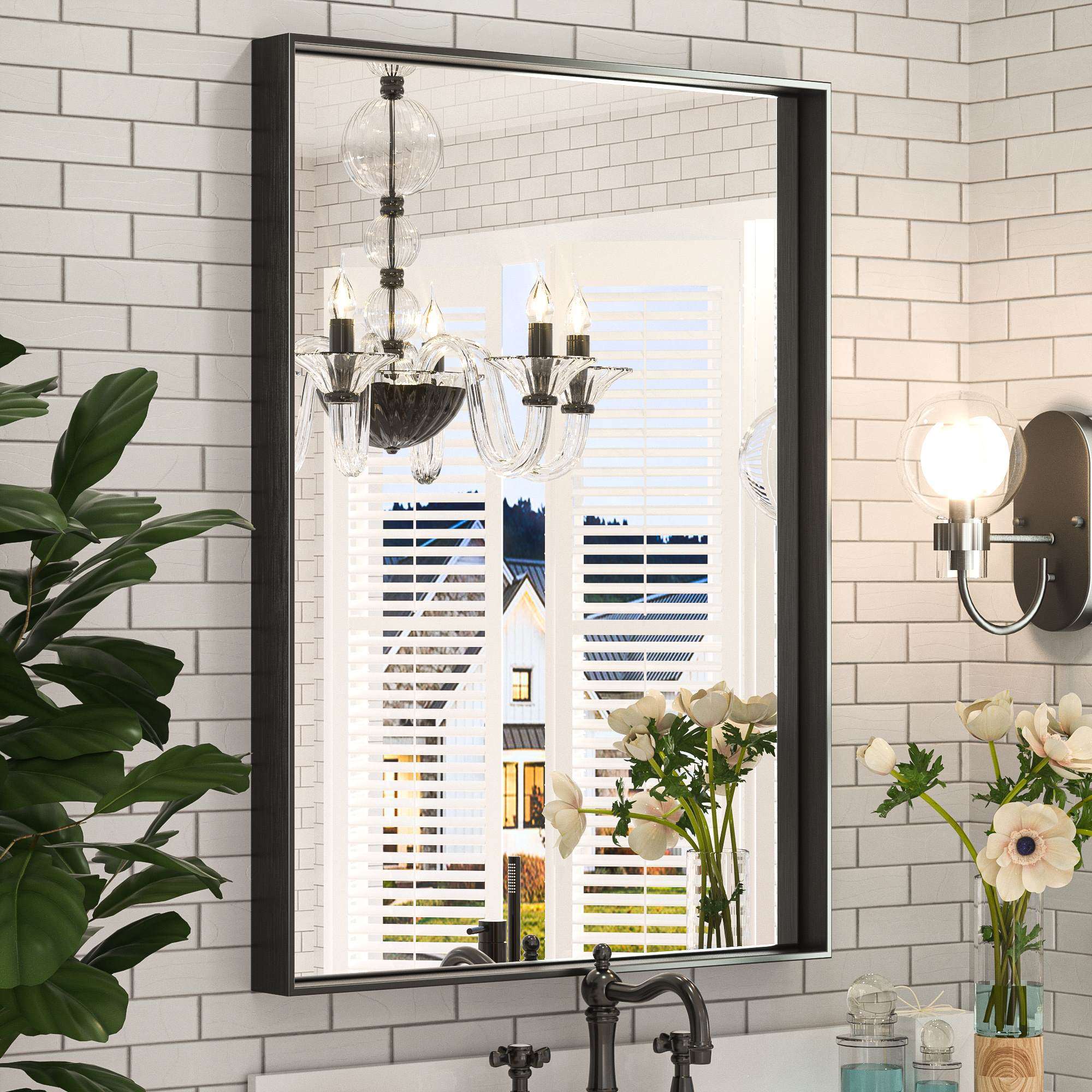 Black Hard Corner Metal Frame Mirror – Rectangular Wall Mirror with Shatterproof Copper-Free Glass - Vertical or Horizontal Mount - Hyperdealss