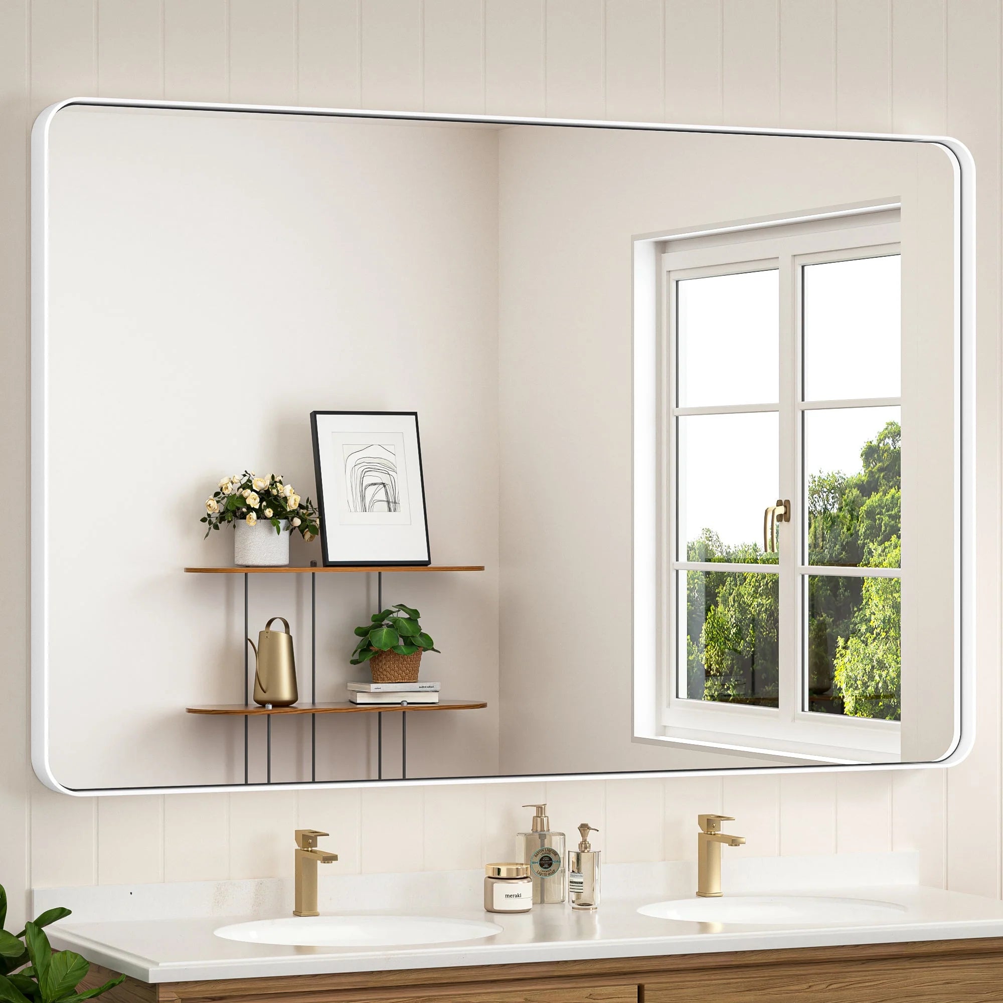 White Hard Corner Thin Frame Metal Mirror – Modern Wall-Mounted Bathroom - Bedroom - and Entryway Mirror - Hyperdealss