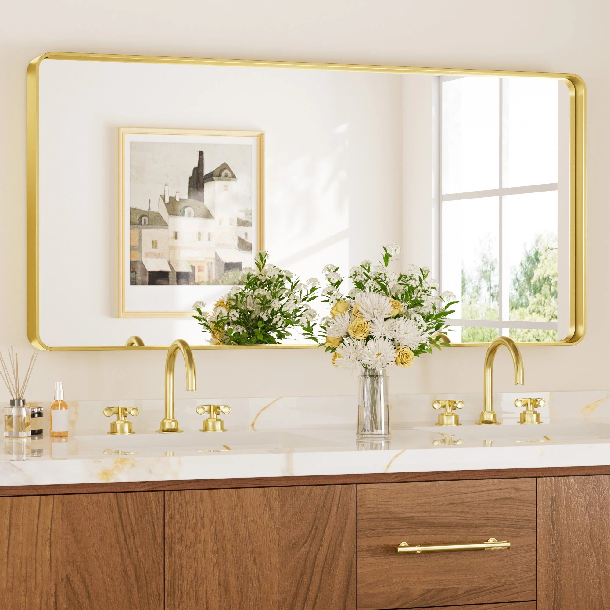 Gold Hard Corner Thin Frame Metal Mirror – Modern Wall-Mounted Bathroom - Bedroom - and Entryway Mirror - Hyperdealss