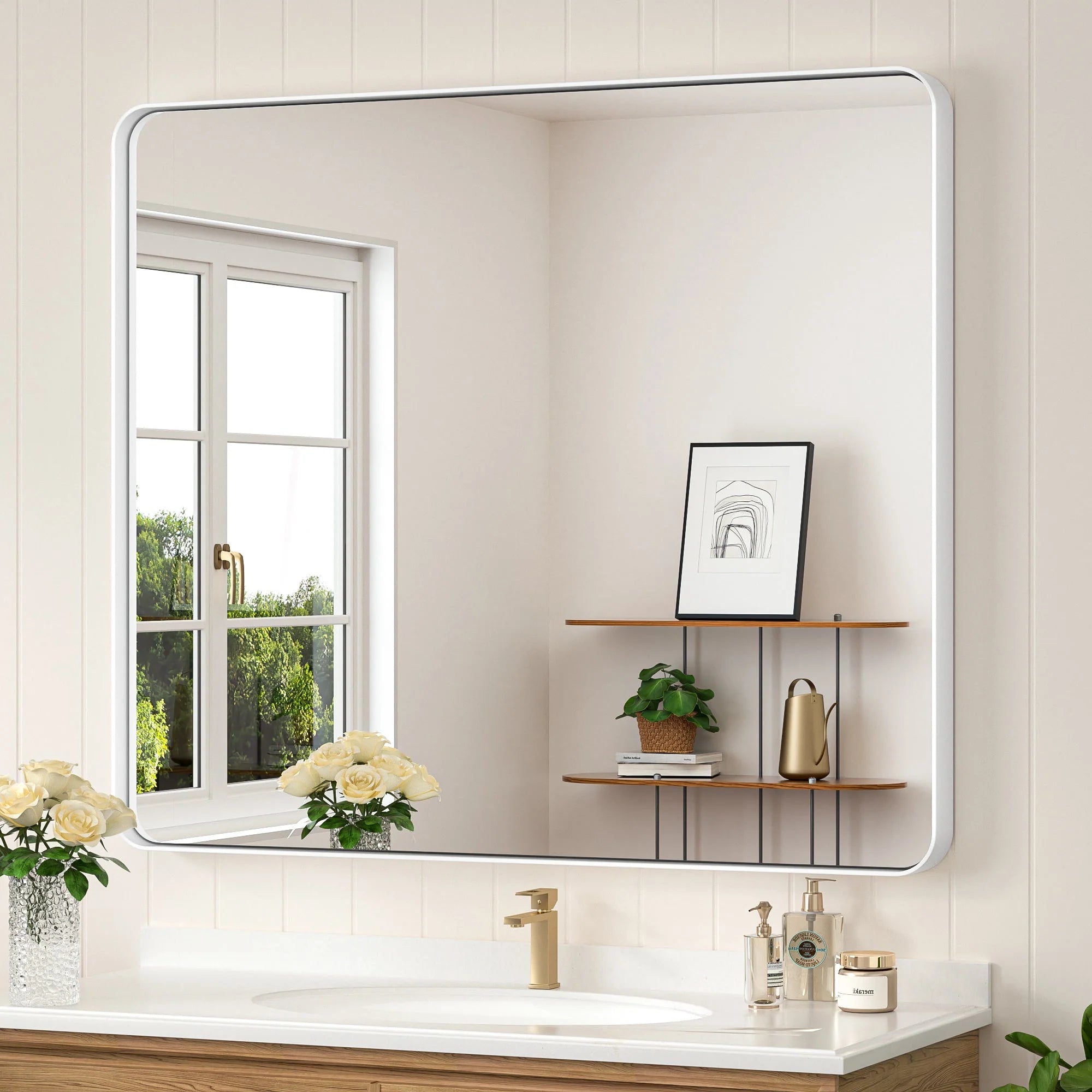 White Hard Corner Thin Frame Metal Mirror – Modern Wall-Mounted Bathroom - Bedroom - and Entryway Mirror - Hyperdealss