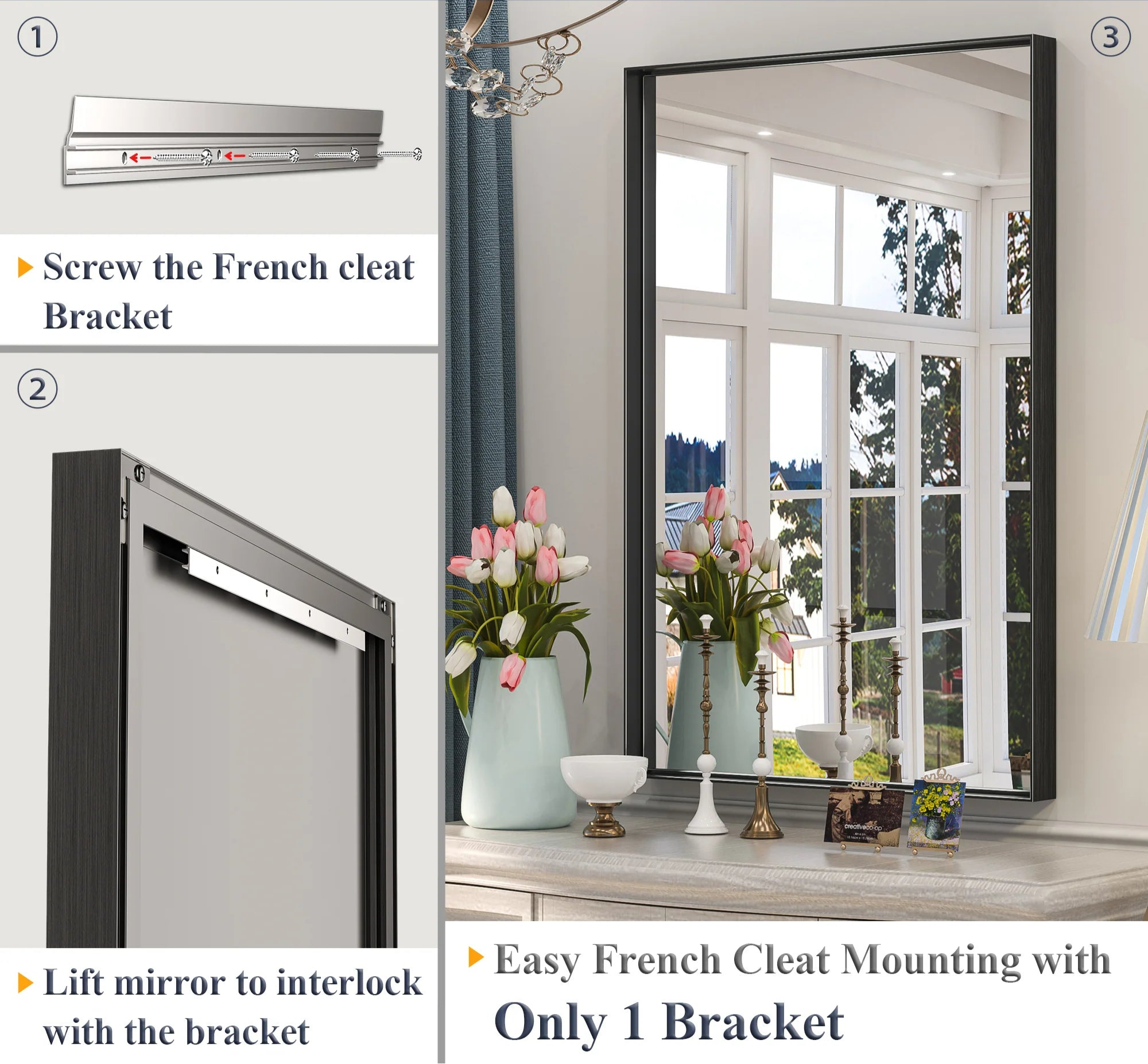 Black Hard Corner Metal Frame Mirror – Rectangular Wall Mirror with Shatterproof Copper-Free Glass - Vertical or Horizontal Mount - Hyperdealss