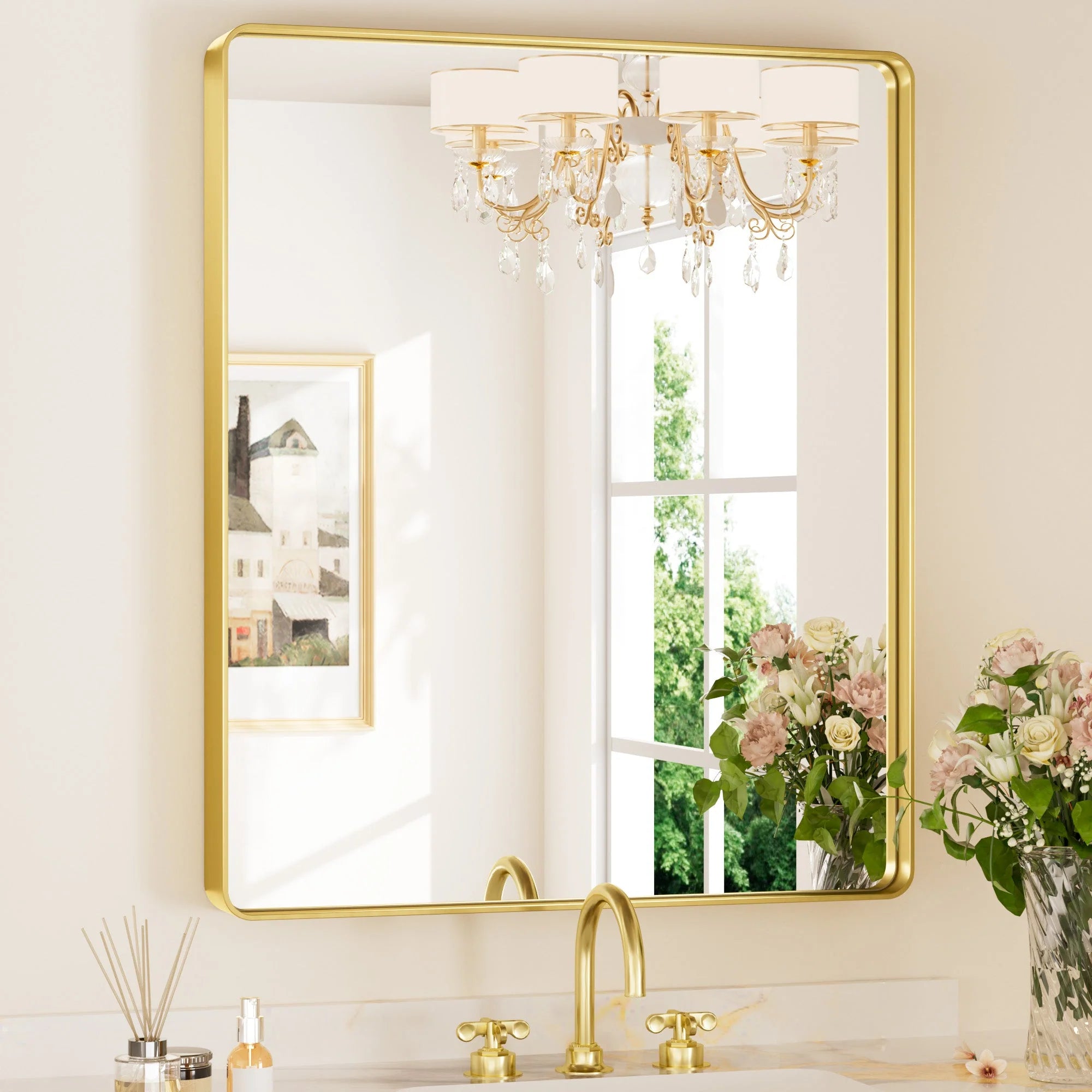 Gold Hard Corner Thin Frame Metal Mirror – Modern Wall-Mounted Bathroom - Bedroom - and Entryway Mirror - Hyperdealss