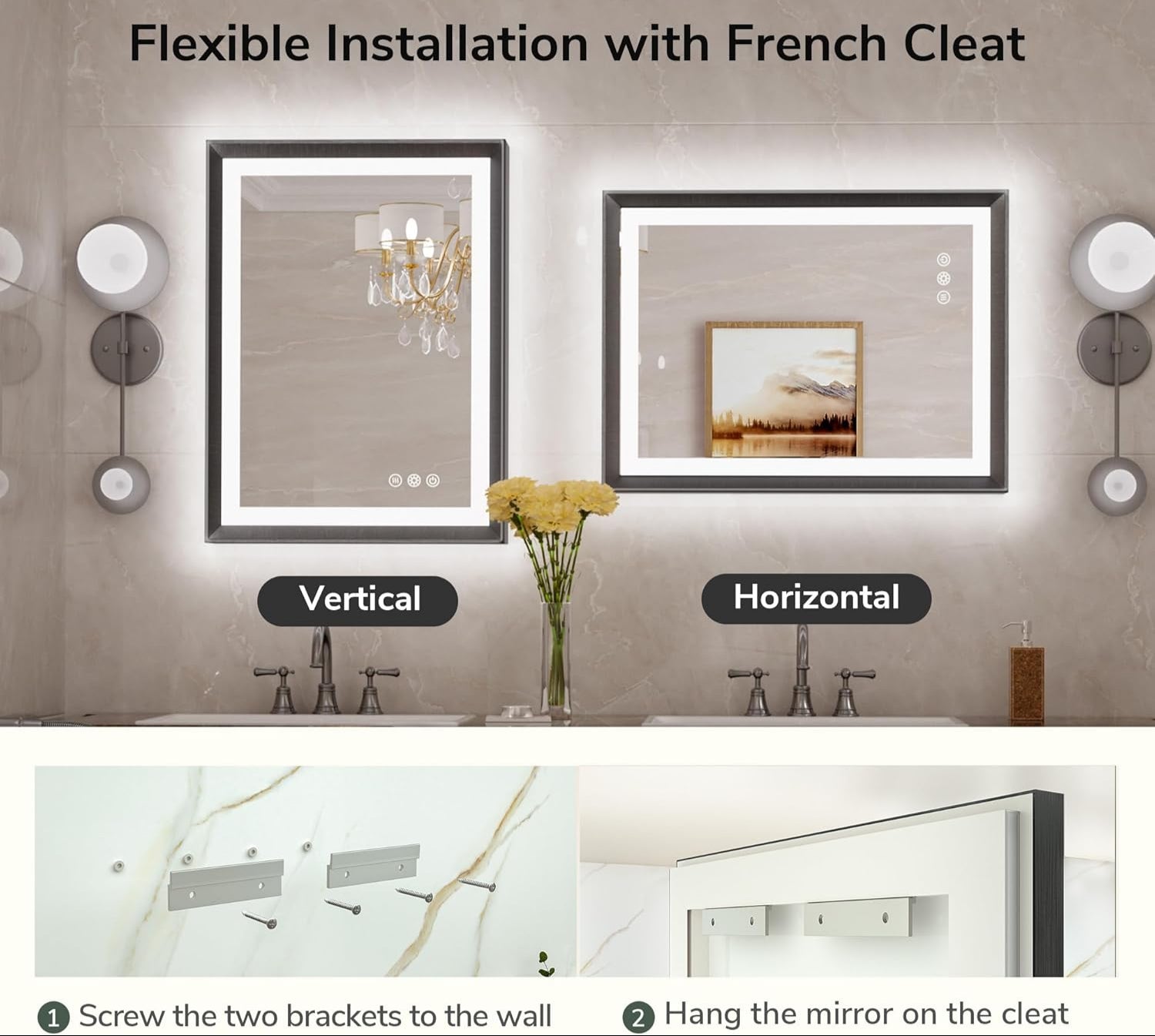 40x30 Black Frontlit LED Bathroom Mirror with 3 CCT – Dimmable - Anti-Fog - Metal Frame - Hyperdealss