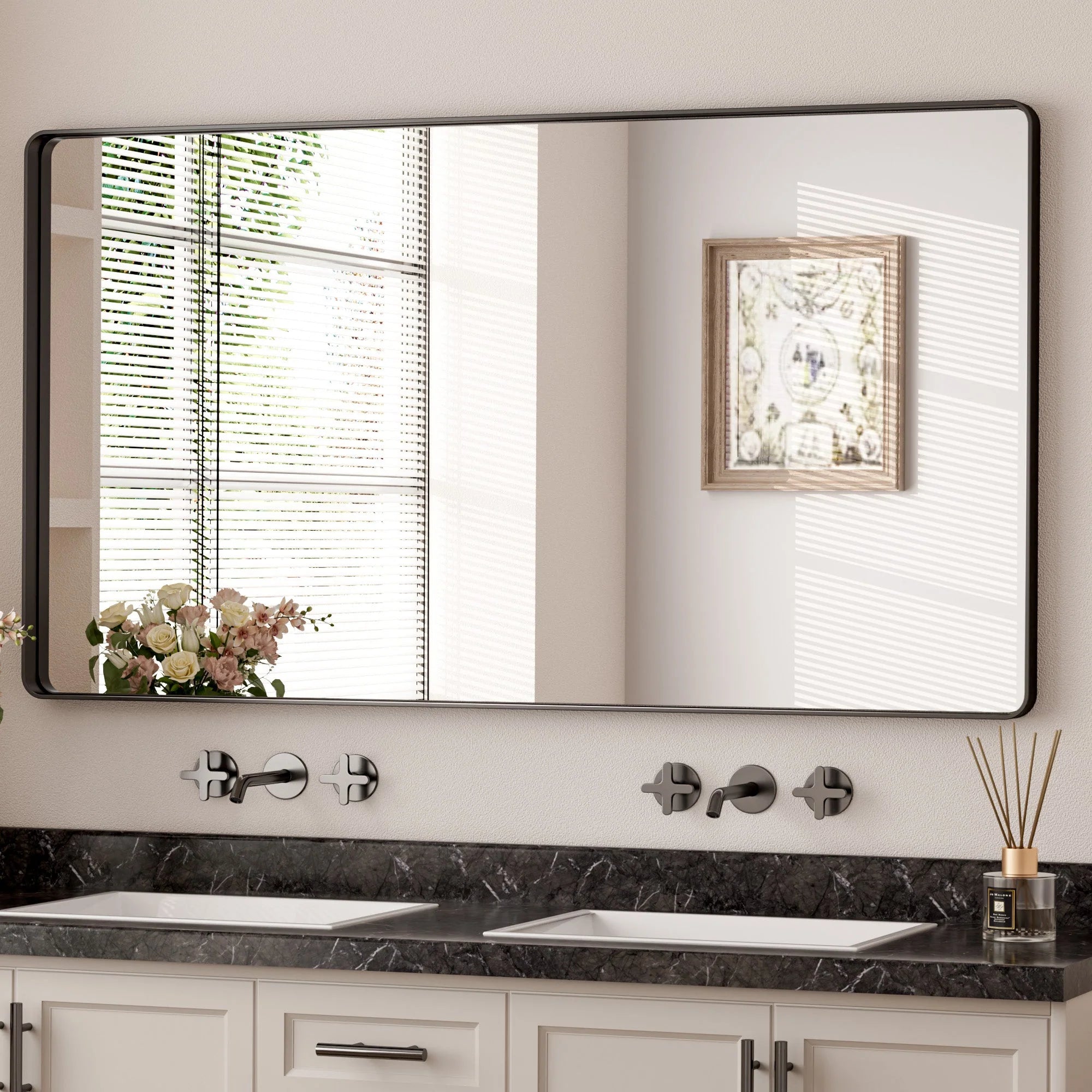 Black Hard Corner Thin Frame Metal Mirror – Modern Rectangular Wall-Mounted Mirror - Hyperdealss