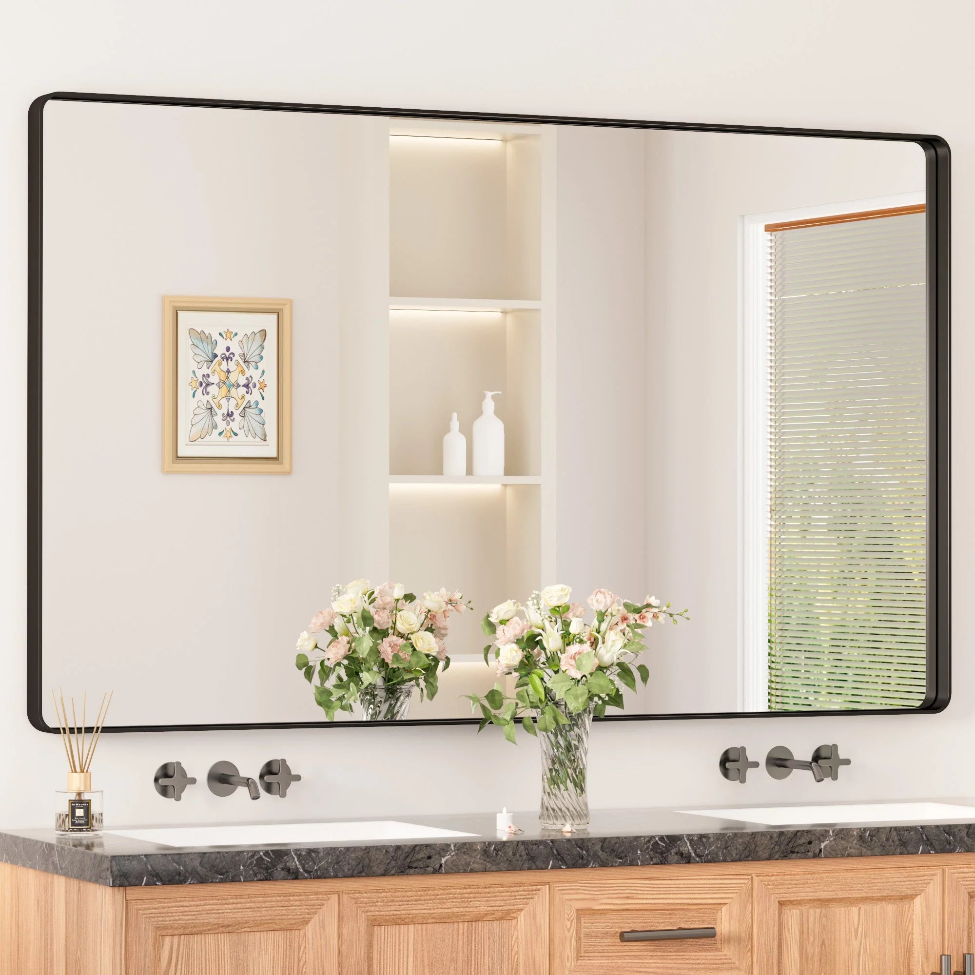 Black Hard Corner Thin Frame Metal Mirror – Modern Rectangular Wall-Mounted Mirror - Hyperdealss