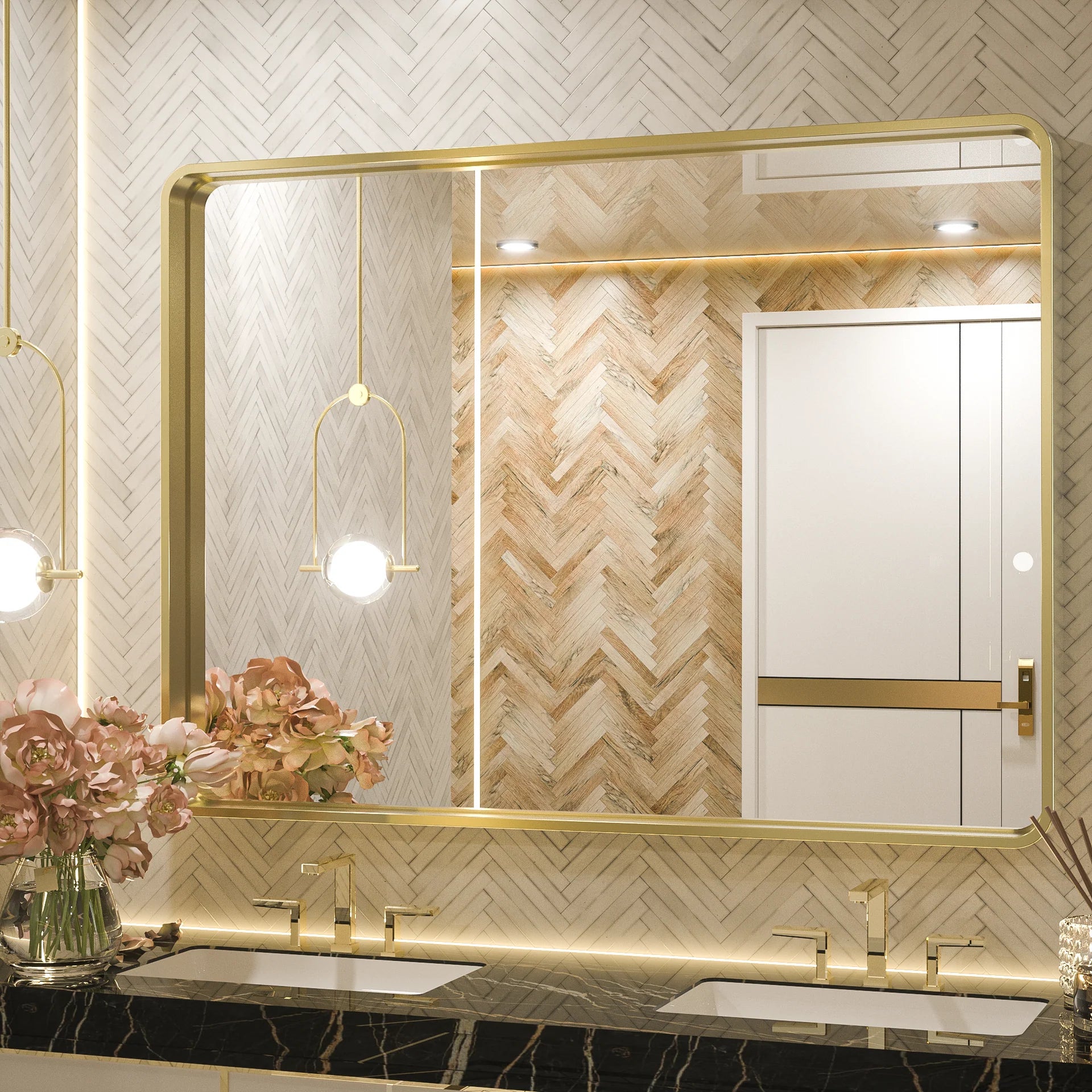 Gold Round Corner Metal Frame Mirror – Rectangular Wall Mirror with Shatterproof Glass - Vertical or Horizontal Mount – Modern Luxury Accent - Hyperdealss