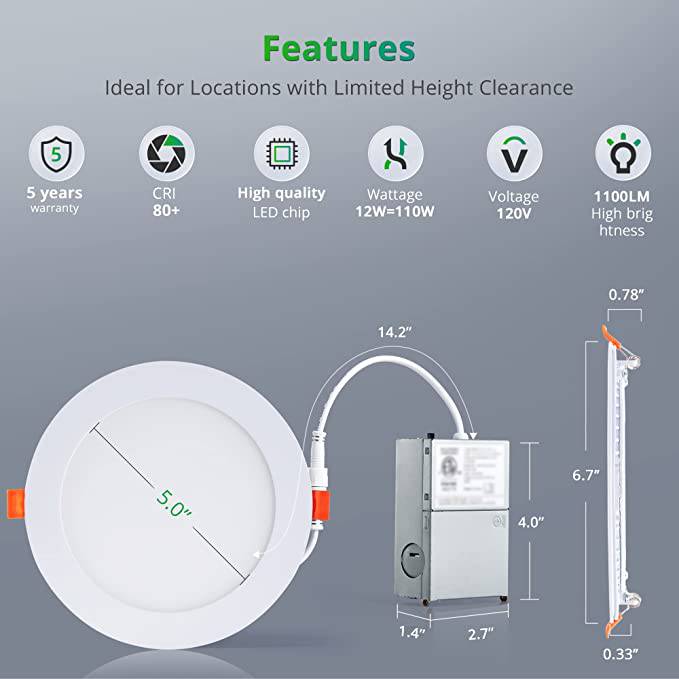 LED Recessed Downlight with Junction Box, 6 inch, 12W, 1020 Lumens, Selectable CCT 2700-5000K, 90 CRI, 120 VAC - Hyperdealss