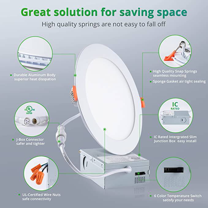 LED Recessed Downlight with Junction Box, 6 inch, 12W, 1020 Lumens, Selectable CCT 2700-5000K, 90 CRI, 120 VAC - Hyperdealss