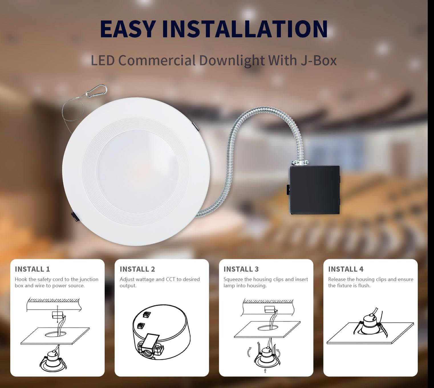 10 Inch Recessed LED Downlight with Junction Box - Selectable 3Wattage(22-35W) & 3CCT(3000K-5000K),0-10V Dimming - Hyperdealss