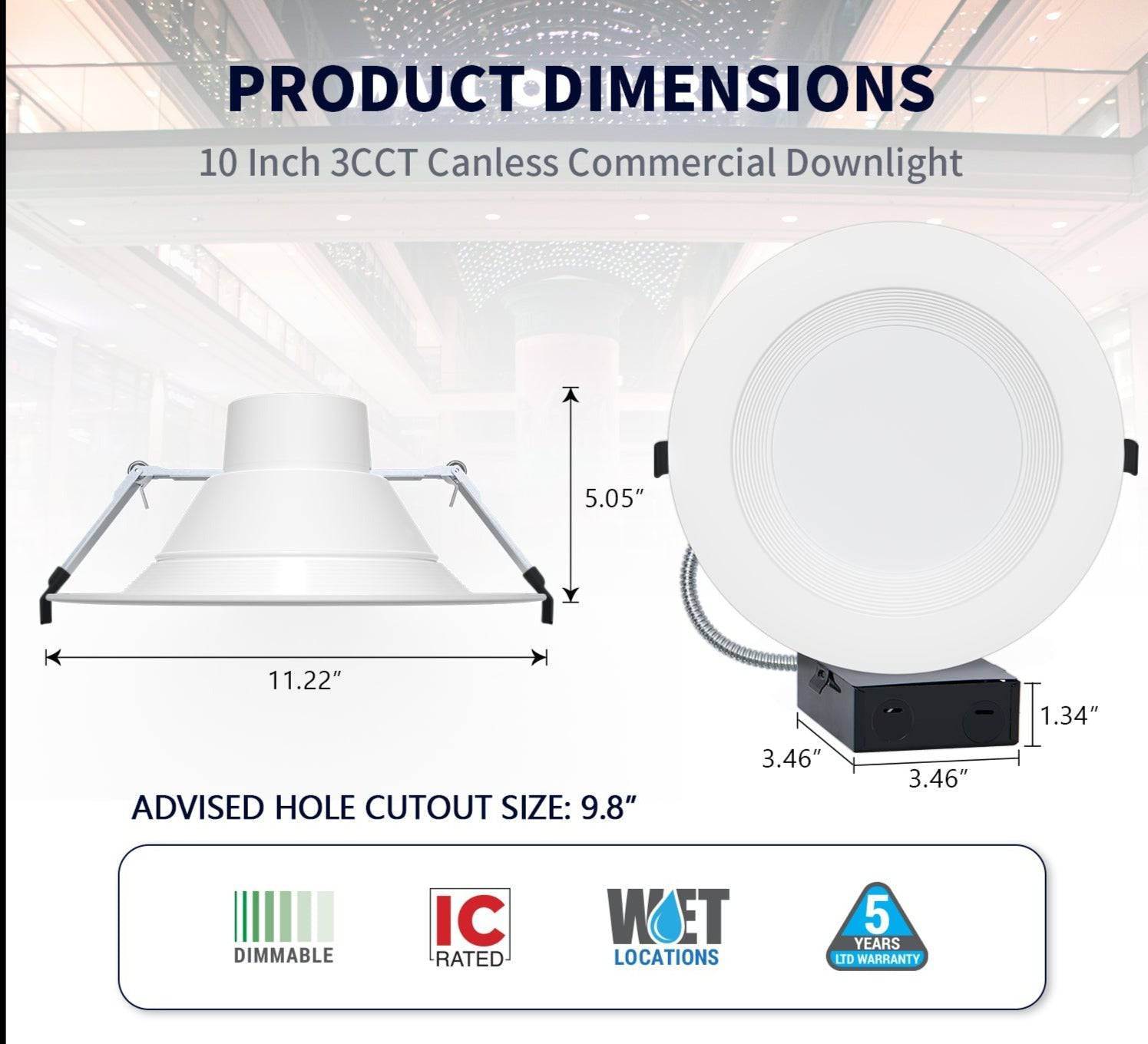 10 Inch Recessed LED Downlight with Junction Box - Selectable 3Wattage(22-35W) & 3CCT(3000K-5000K),0-10V Dimming - Hyperdealss