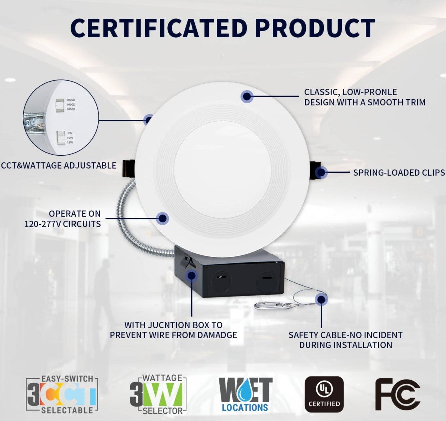 10 Inch Recessed LED Downlight with Junction Box - Selectable 3Wattage(22-35W) & 3CCT(3000K-5000K),0-10V Dimming - Hyperdealss