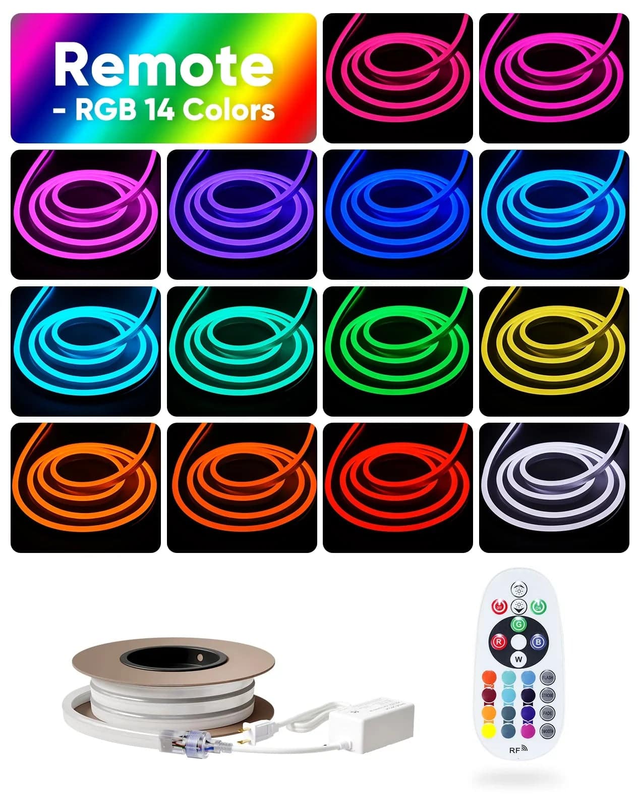 110V-120V RGBW 14 Color Changing LED Rope lights with controller - 10mmX20mm,Commercial Grade, IP65, 8.3Watts/M -Cuttable- Plug and Play and Hardwired - Hyperdealss