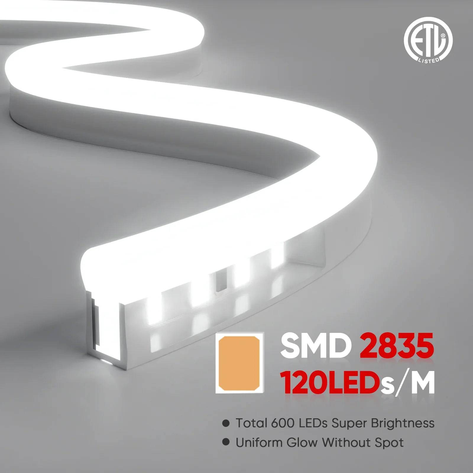 110-130V Cool White LED Neon Rope Light -6500K- 7mm x 14.5mm-7W/Meter and 220LM/W -Dimmable, Flexible, IP65 Waterproof, Cuttable for Home & Commercial Use - Hyperdealss