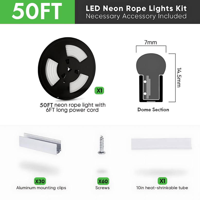 110-130V Cool White LED Neon Rope Light -6500K- 7mm x 14.5mm-7W/Meter and 220LM/W -Dimmable, Flexible, IP65 Waterproof, Cuttable for Home & Commercial Use - Hyperdealss