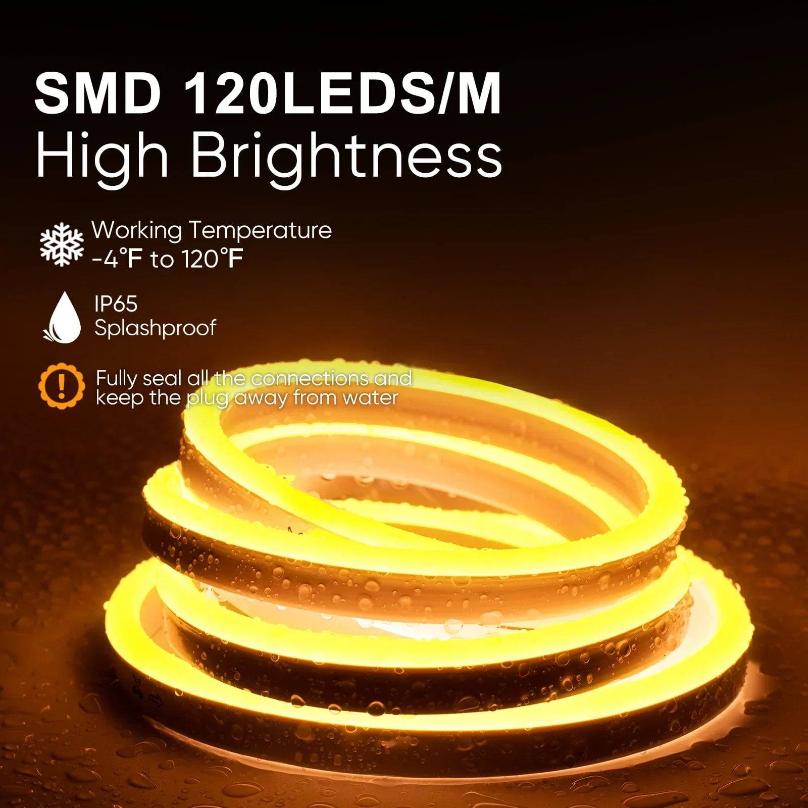 110V-120V Yellow-Amber Neon LED Rope Light - 7mmX14.5mm,Commercial Grade, IP65, 220Lm/M -Cuttable, Dimmable, ETL Listed- Plug and Play and Hardwired - Hyperdealss