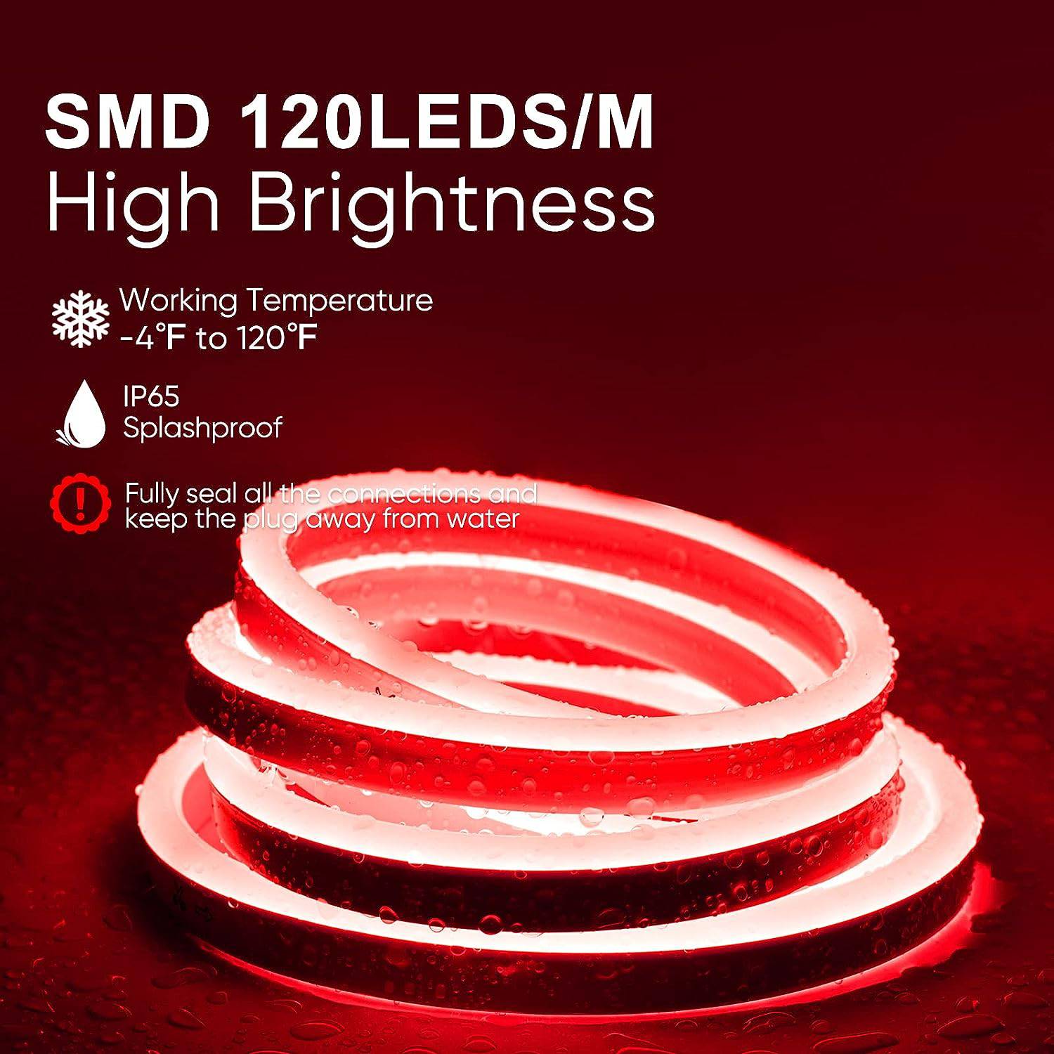 110V-120V Red Neon LED Rope Light - 8mmX16mm,Commercial Grade, IP65, 6 Watts/M -Cuttable, dimmable, could be hardwired ETL Listed- Plug and Play - Hyperdealss