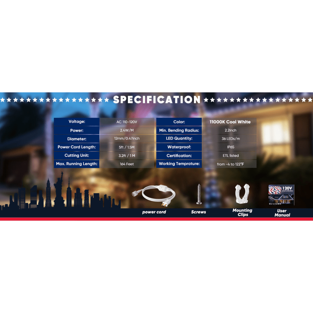 110V Red, White, and Blue Patriotic Rope Light - 11000K LED - Hyperdealss
