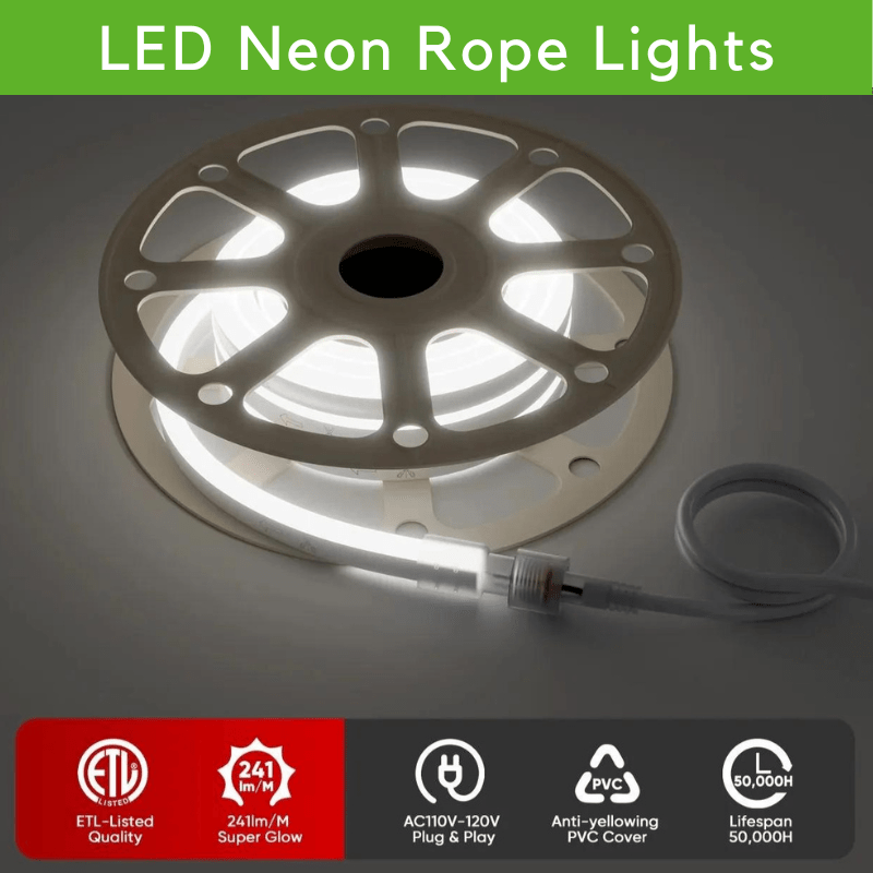 110-120V Cool White LED Neon Rope Light -6300K-8mm x 16mm-6.5W/Meter and 226LM/W -Dimmable, Flexible, IP65 Waterproof, Cuttable for Home & Commercial Use - Hyperdealss