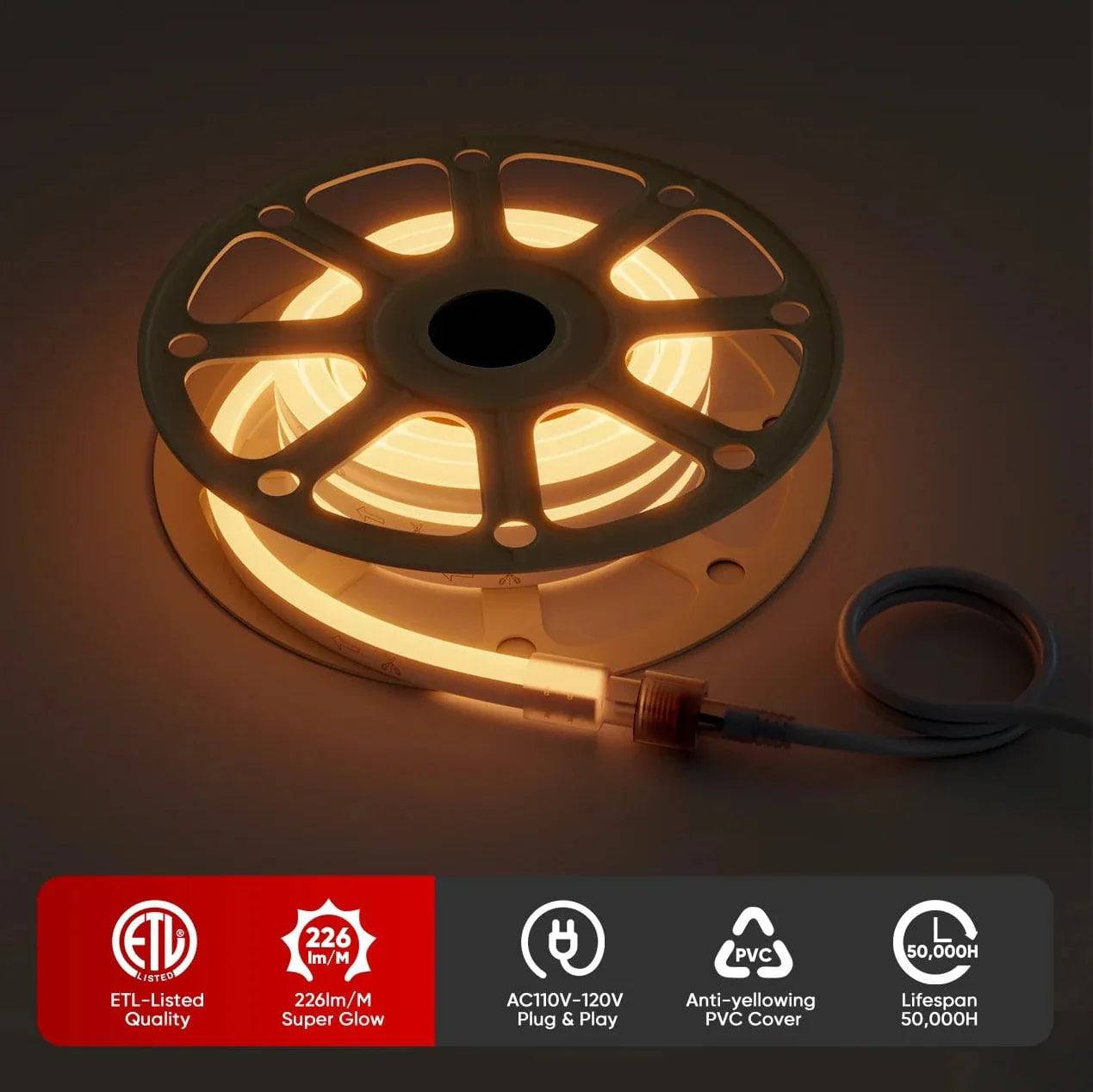 110-120V Warm White LED Neon Rope Light -2500K- 8mm x 16mm-6.5W/Meter and 226LM/W -Dimmable, Flexible, IP65 Waterproof, Cuttable for Home & Commercial Use - Hyperdealss
