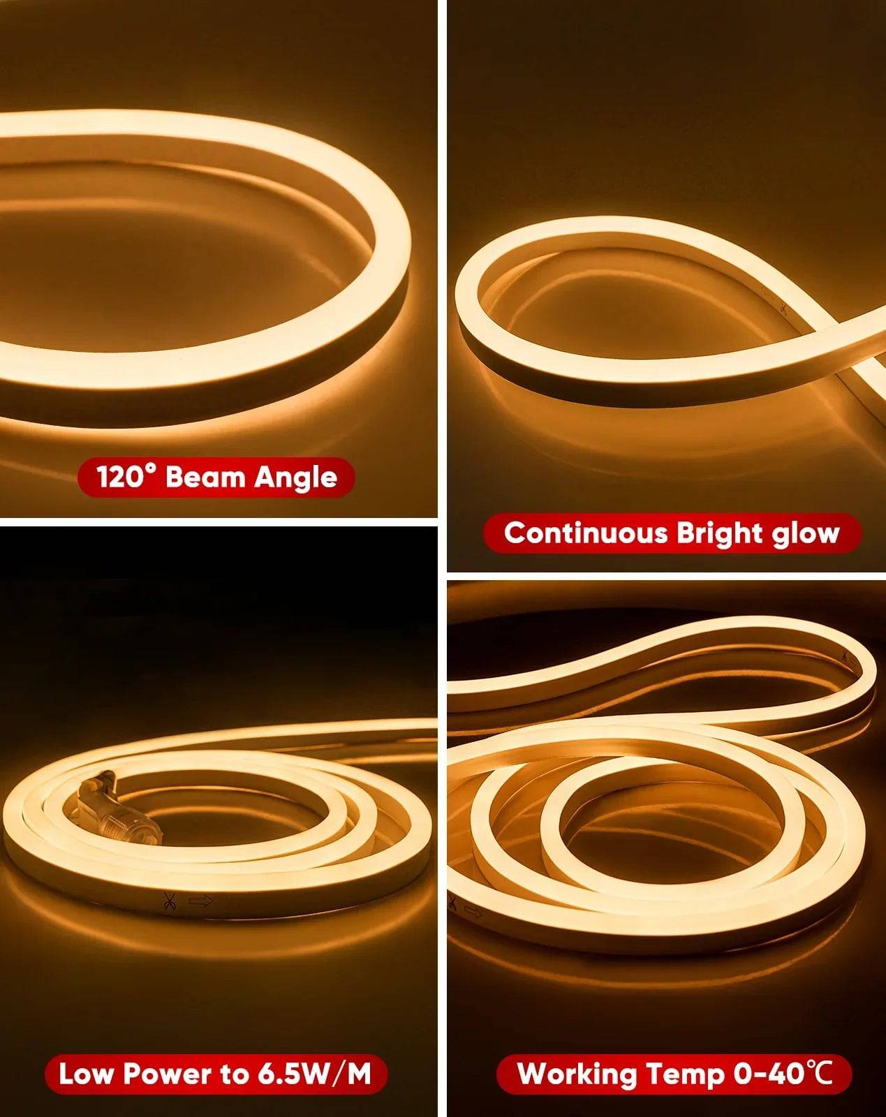 110-120V Warm White LED Neon Rope Light -2500K- 8mm x 16mm-6.5W/Meter and 226LM/W -Dimmable, Flexible, IP65 Waterproof, Cuttable for Home & Commercial Use - Hyperdealss