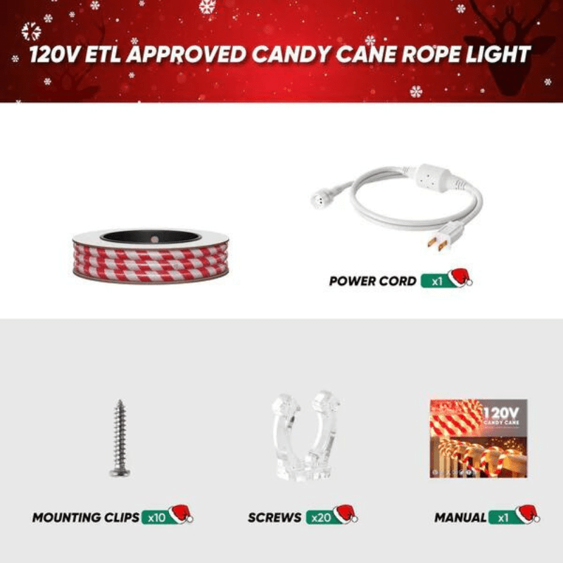 110-120V Candy Cane Rope Light(8mmx12mm) - 2800K Warm White, 360° Illumination, IP65, Cold-Resistant to -4℉, Connectable, Cuttable, Plug and play  ETL Listed - Hyperdealss