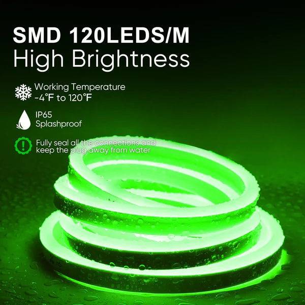 110V-120V Green Neon LED Rope Light - 8mmX16mm,Commercial Grade, IP65, 6 Watts/M -Cuttable, dimmable, could be hardwired ETL Listed- Plug and Play - Hyperdealss