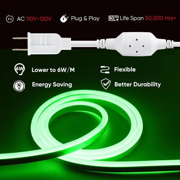 110V-120V Green Neon LED Rope Light - 8mmX16mm,Commercial Grade, IP65, 6 Watts/M -Cuttable, dimmable, could be hardwired ETL Listed- Plug and Play - Hyperdealss